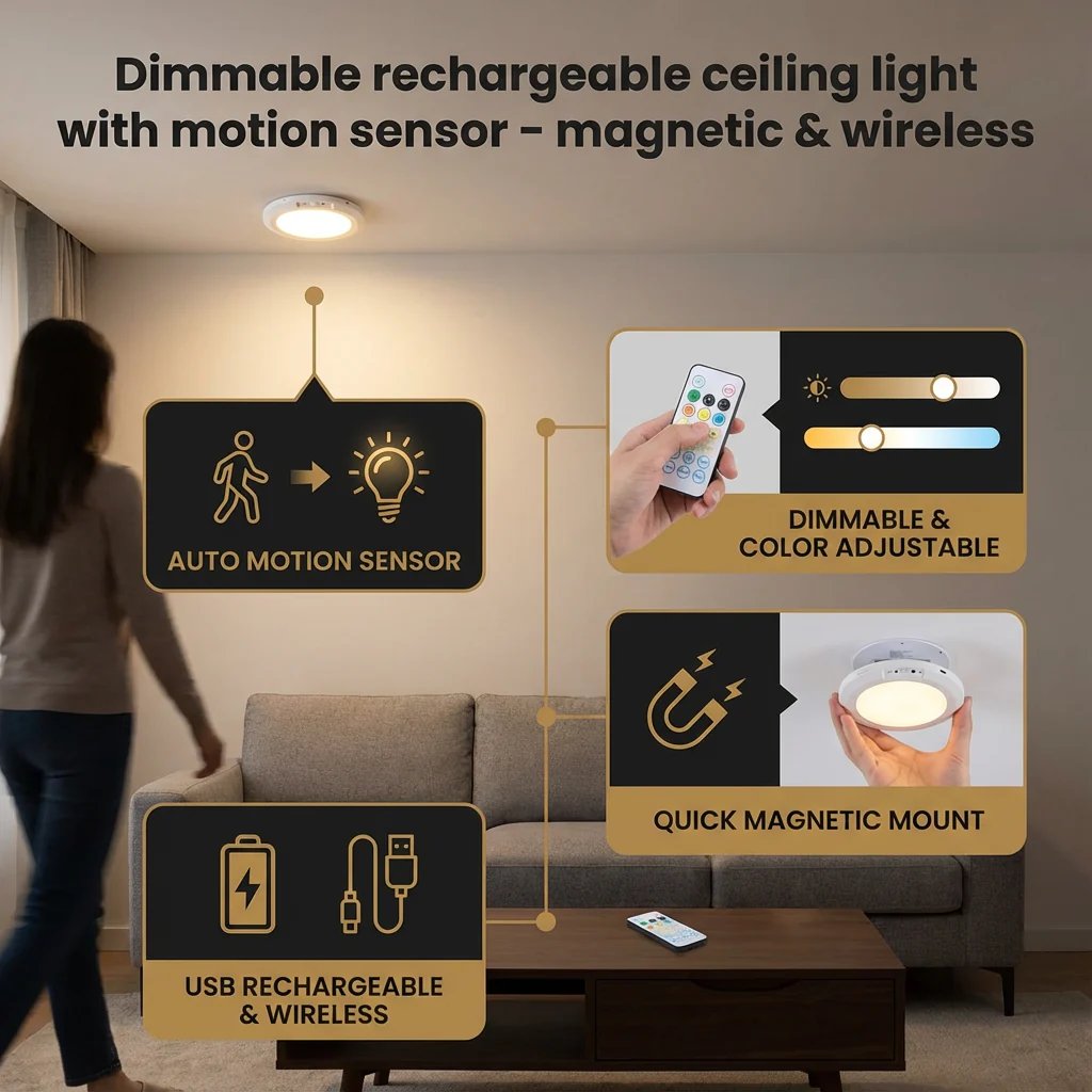 💡 Limited-Time Sale - Rechargeable Magnetic Wireless Motion Sensor Ceiling Light with Remote